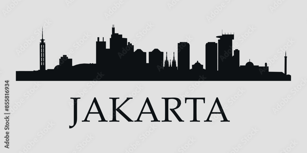 Obraz premium The city skyline. Jakarta. Silhouettes of buildings. Vector on a gray background