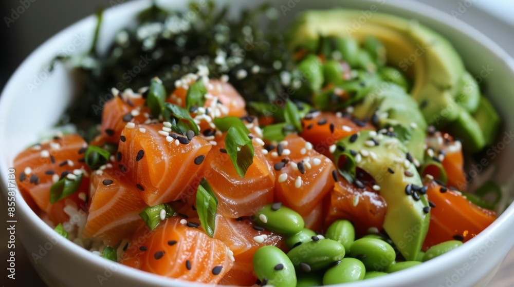 A vibrant poke bowl filled with cubed raw salmon, avocado, edamame, seaweed salad, and sesame seeds