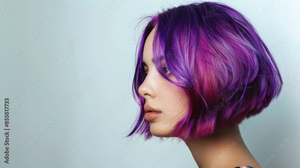 A woman with vibrant purple hair in a trendy bob cut, showcasing her unique and colorful style A woman with vibrant purple hair in a trendy bob cut, showcasing her unique and colorful style