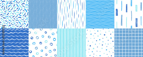 Hand drawn seamless repeat abstract vector patterns set. Chalk crayon brush ink wavy stripes, sea waves, pinstripes, uneven lines, dots, artistic textured spots, check, mesh backgrounds. Blue colors.