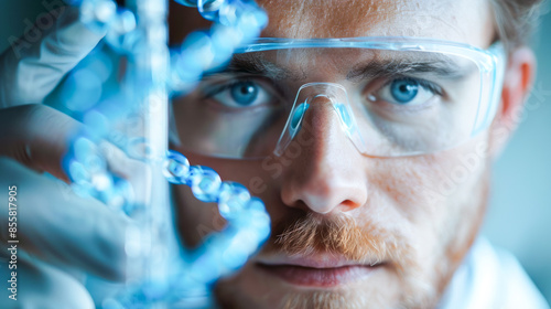 A scientist wearing safety glasses holds a model of a DNA strand, intently focusing on the intricate structure