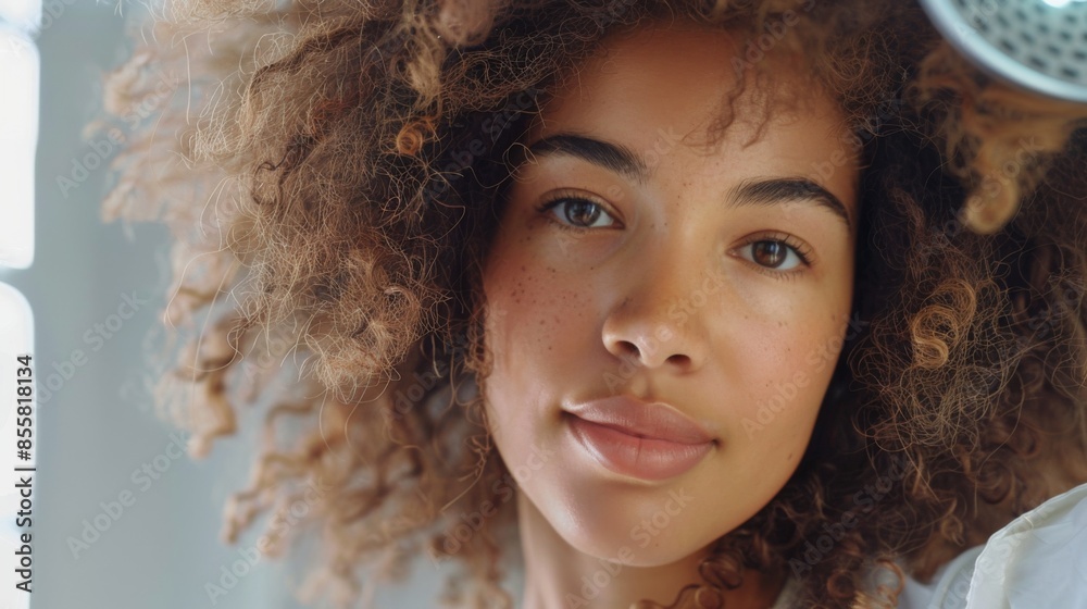 A young woman with curly hair using a diffuser attachment on a blow dryer, enhancing her natural curls A young woman with curly hair using a diffuser attachment on a blow dryer, enhancing her natural curls