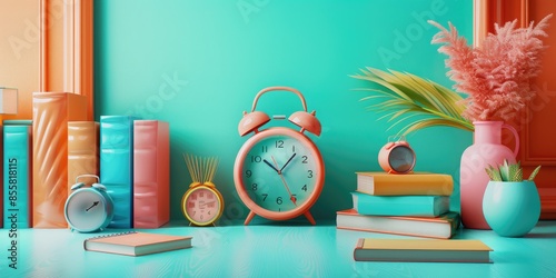 Ready for school concept background with books, alarm clock and accessory photo