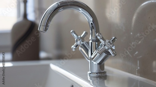 Dual faucet with modern chrome or steel mixer