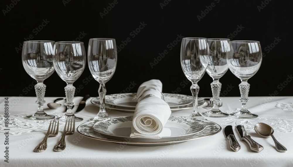 Elegant Fine Dining Table Setting with Crystal Glassware and Ornate Silverware on a Lace Tablecloth Elegant Fine Dining Table Setting with Crystal Glassware and Ornate Silverware on a Lace Tablecloth