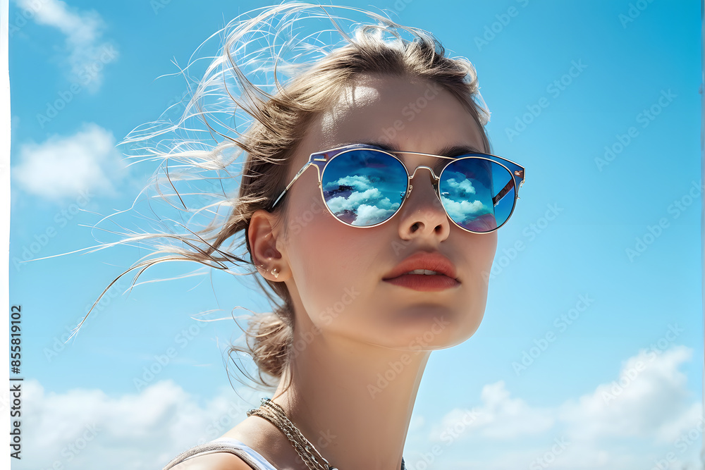 A woman wearing sunglasses and a blue shirt is standing in front of a blue sky A woman wearing sunglasses and a blue shirt is standing in front of a blue sky