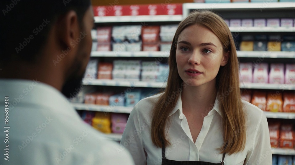 A white business woman serving her customer in a store A white business woman serving her customer in a store