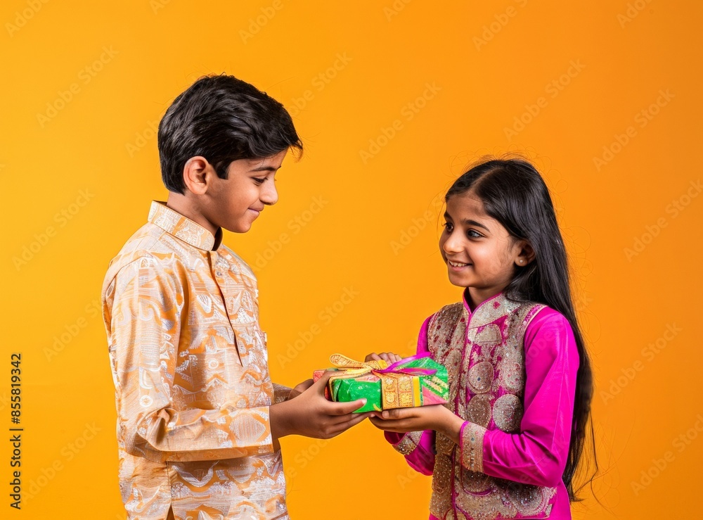 Cheerful Indian brother and sister exchanging gift box during Paksha Bandhan festival, yellow background.
Raksha Bandhan holiday concept, Cheerful Indian brother and sister exchanging gift box during Paksha Bandhan festival, yellow background.
Raksha Bandhan holiday concept,