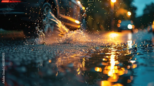 Dynamic urban scene of a car splashing through puddles on a rainy road. Macro shot captures high-resolution reflections of water droplets on wet asphalt, illuminated by soft evening light. 
