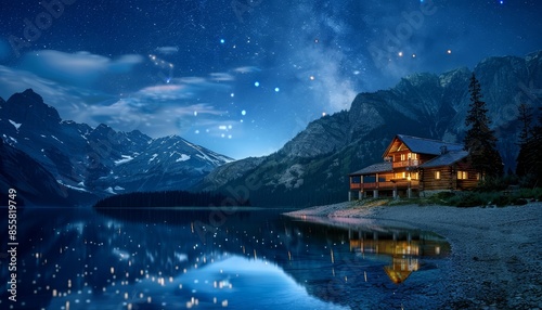Serene Lakeside Cabin Under a Starry Night Sky in a Majestic Mountain Setting © Bernardo