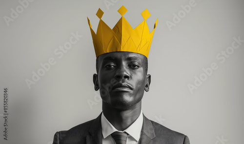 Photo collage with a black and white photo of an African businessman wearing in head a yellow paper crown
