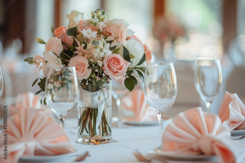 A wedding table setting with blush pink and cream colored flowers, glasses, plates, and napkins in an elegant ballroom. The focus is on the bouquet of roses, with blurred background and soft light. A wedding table setting with blush pink and cream colored flowers, glasses, plates, and napkins in an elegant ballroom. The focus is on the bouquet of roses, with blurred background and soft light.