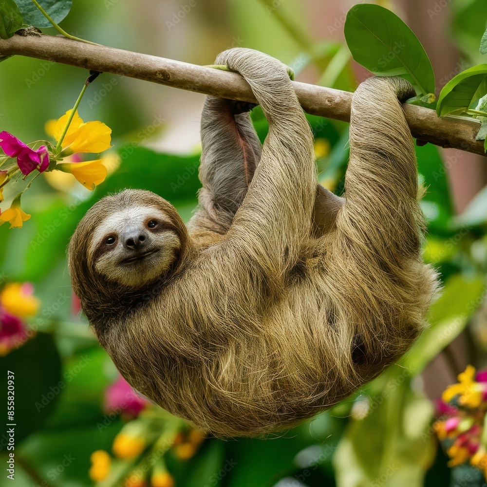 A sloth hanging on the branch of tree, Funny sloth hanging on tree branch, cute face look, perfect portrait of wild animal in the Rainforest A sloth hanging on the branch of tree, Funny sloth hanging on tree branch, cute face look, perfect portrait of wild animal in the Rainforest
