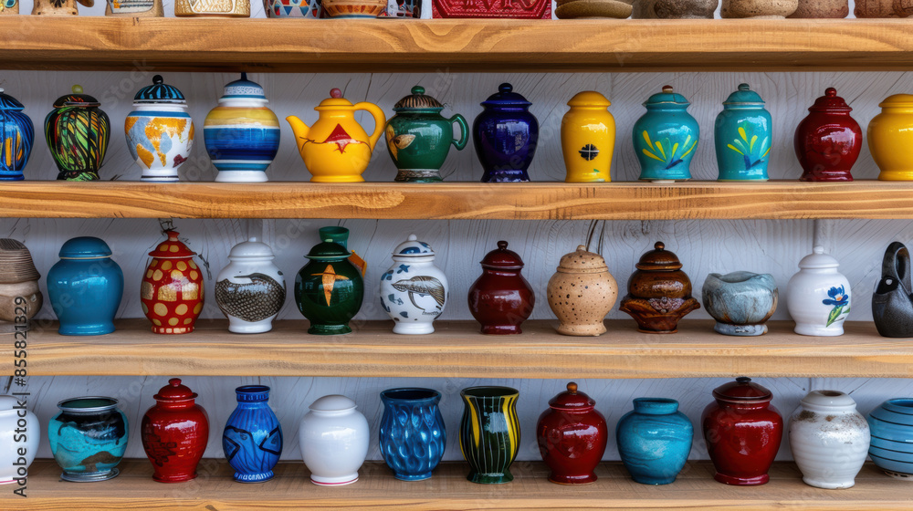 A shelf full of colorful vases and jars