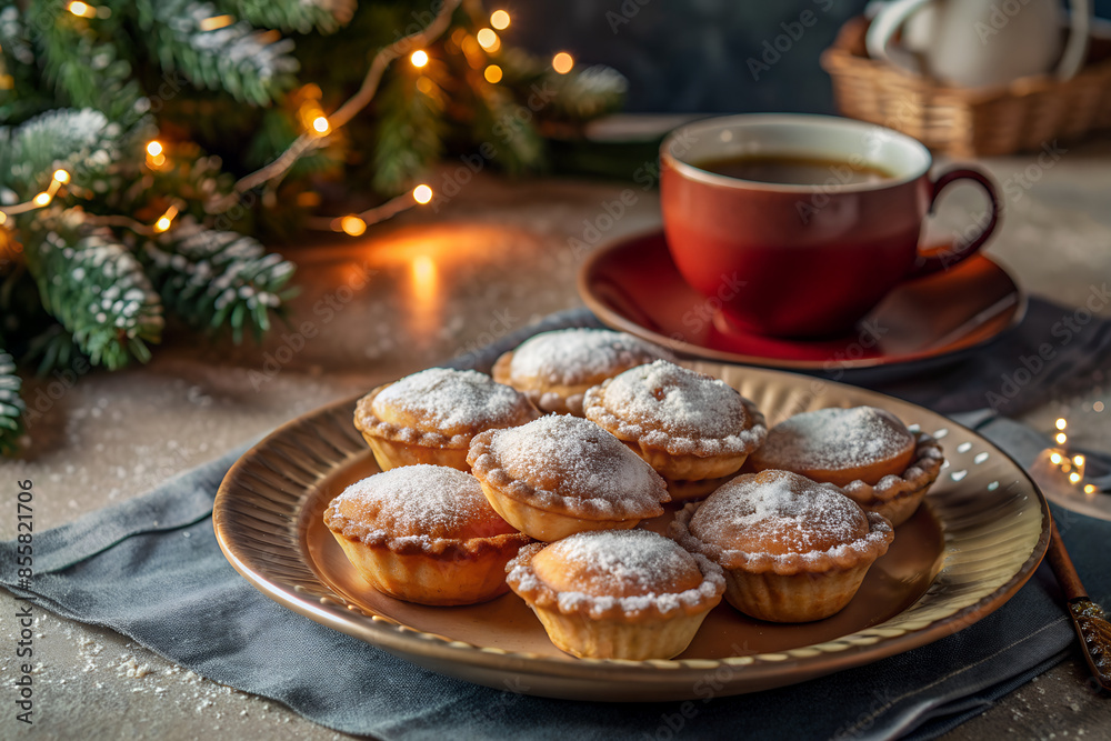 Mini mince pies dusted with powdered sugar, set on a rustic plate with a cup of hot tea Mini mince pies dusted with powdered sugar, set on a rustic plate with a cup of hot tea