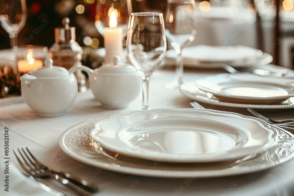 Close-up view of a tables setting for an event party or wedding reception, luxury elegant table in a modern restaurant, white tablecloth, wine glasses, plates, and silverware Close-up view of a tables setting for an event party or wedding reception, luxury elegant table in a modern restaurant, white tablecloth, wine glasses, plates, and silverware