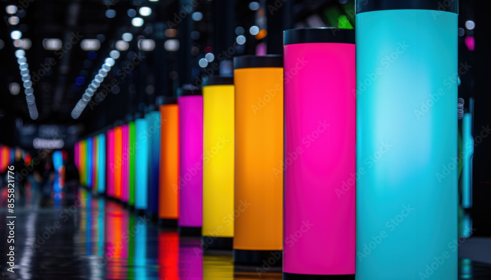 Obraz premium A row of colorful light poles are lined up in a hallway