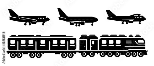 Transport vehicle train and plane side view silhouette black filled vector Illustration icon