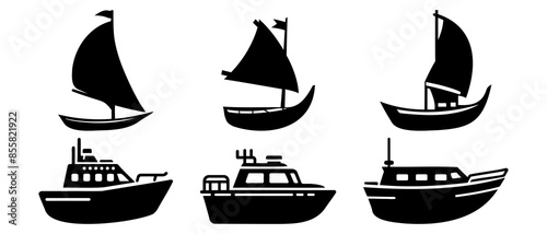 Transport vehicle wood boat and speed boat side view silhouette black filled vector Illustration icon