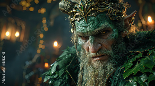A green monster with horns and a crown is staring at the camera