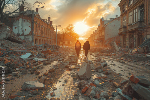 Desolate city street after earthquake during sunset photo