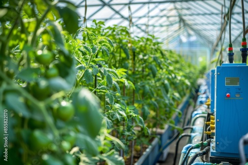 Automated greenhouse featuring an advanced irrigation system nurturing vibrant tomato plants under optimal growing conditions.