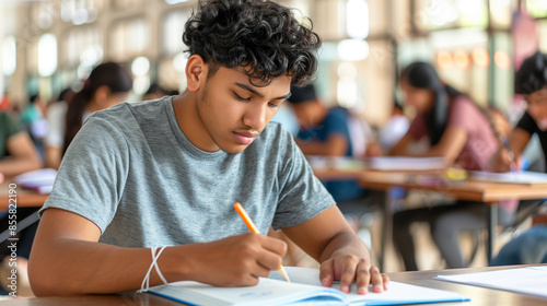 Young male college student studying for exam photo