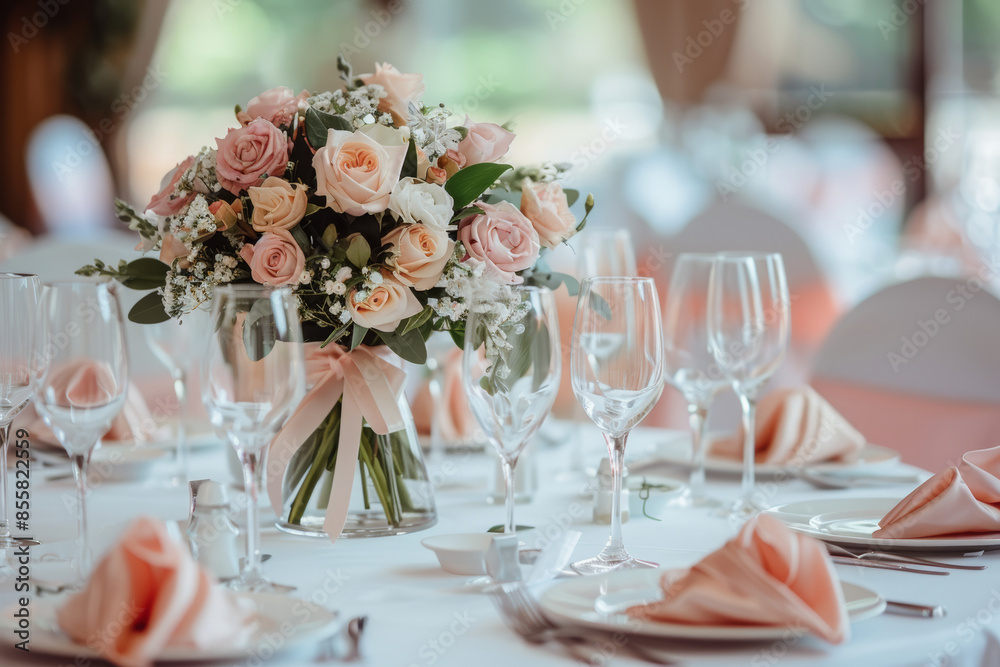 A wedding table setting with blush pink and cream colored flowers, glasses, plates, and napkins in an elegant ballroom. The focus is on the bouquet of roses, with blurred background and soft light.