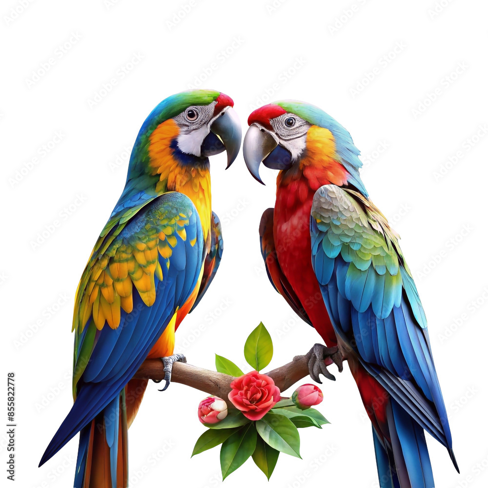 Macaws facing each other on transparent isolated background.. Macaws facing each other on transparent isolated background..