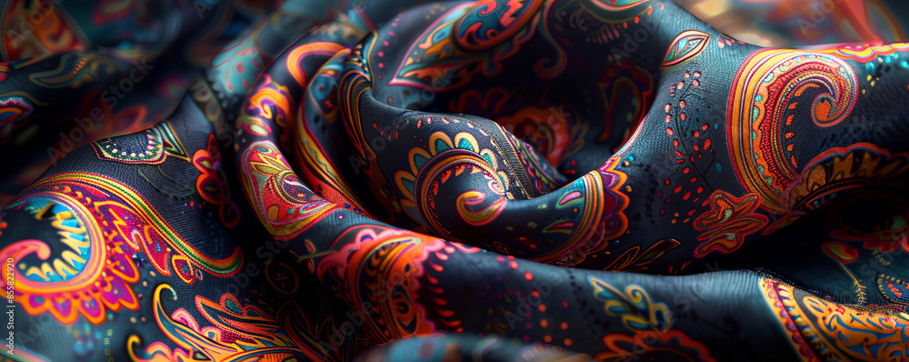 A intricate paisley pattern adorning a scarf, its swirling lines and vibrant colors mesmerizing the eye. A intricate paisley pattern adorning a scarf, its swirling lines and vibrant colors mesmerizing the eye.