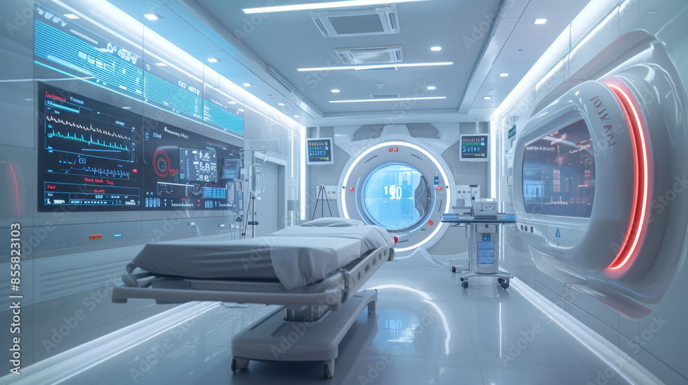 Cutting-edge medical equipment and digital screens with patient data in a bright and organized setting. Cutting-edge medical equipment and digital screens with patient data in a bright and organized setting.