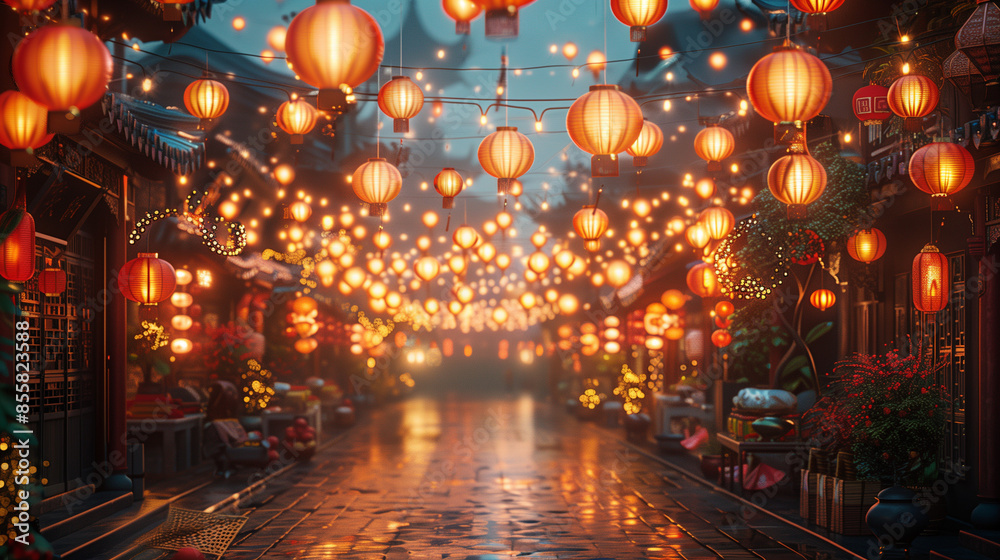 beautifully illuminated street with glowing lanterns for lunar new year celebration creating a magical night market ambiance beautifully illuminated street with glowing lanterns for lunar new year celebration creating a magical night market ambiance