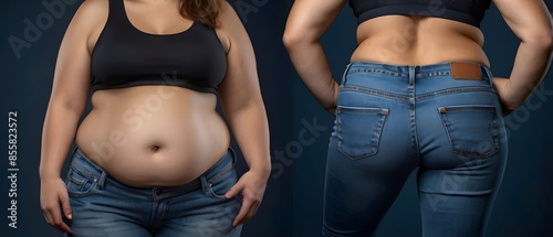 Plus size big shape and belly beautiful high self confident woman wearing tight t-shirt and jeans with body positive concept, or woman needs to be on diet to loose weight - on dark blue copy space photo