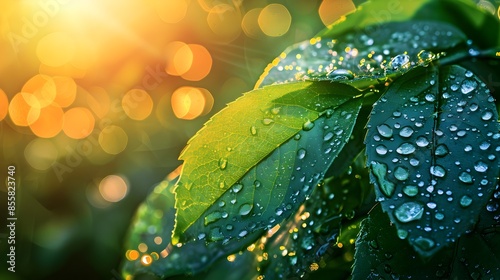 Dew Covered Leaves Reflecting the Dawn s Radiant Morning Light Embracing the Energy of New Beginnings