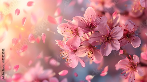 Delicate Cherry Blossoms Blooming in Spring Floating Petals on a Gentle Breeze Symbolizing Renewal and Fleeting Beauty © Thares2020