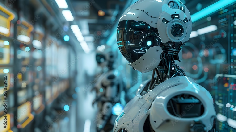 Fototapeta premium Futuristic Research Lab with Advanced Systems and Robotic Assistants Featuring Sleek Modern Design