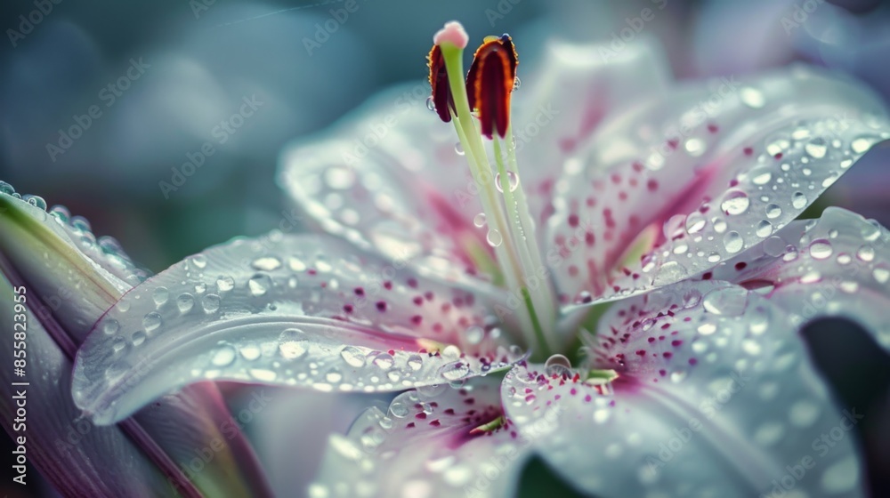 Water droplets on the delicate petals of a lily flower, adding a touch of freshness Water droplets on the delicate petals of a lily flower, adding a touch of freshness