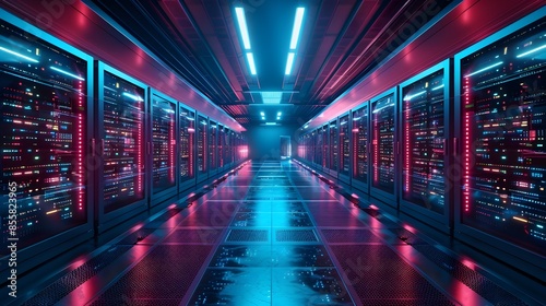 Futuristic Data Center with Glowing Servers and Advanced Cooling Systems in Sleek Modern Design Cyber Background Concept © Thares2020