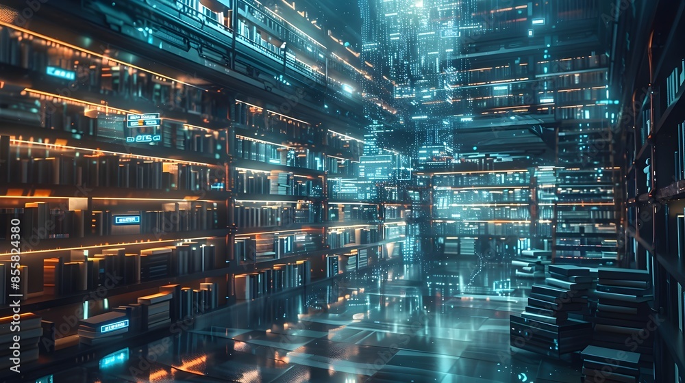 Mesmerizing Futuristic Library with Ethereal Holographic Displays and Floating Books Mesmerizing Futuristic Library with Ethereal Holographic Displays and Floating Books