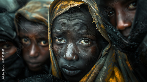 A group of children huddled together, looking somber and wet.
