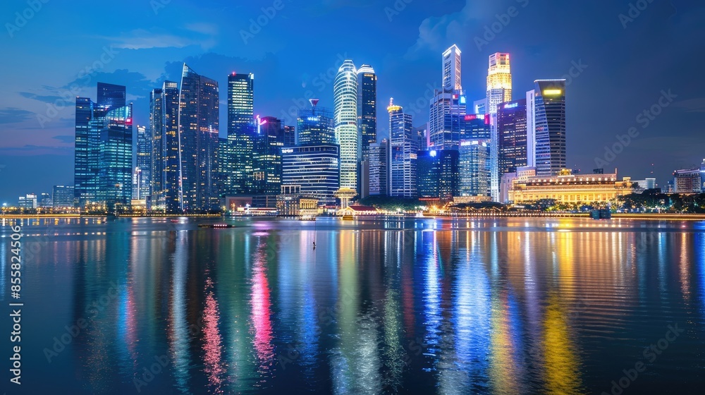 A stunning night view of a city skyline with vibrant reflections on the water, showcasing modern architecture and city lights. A stunning night view of a city skyline with vibrant reflections on the water, showcasing modern architecture and city lights.