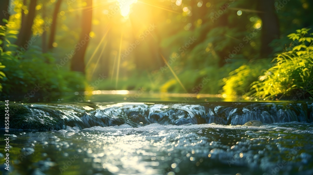 Fototapeta premium Crisp and Clear Stream Flowing Through Verdant Landscape With Sunlight Dancing on the Water
