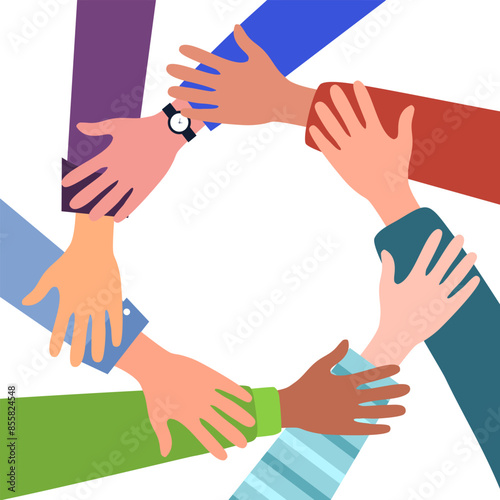 Teamwork hands concept vector illustration. hands together showing unity in flat design on white background.