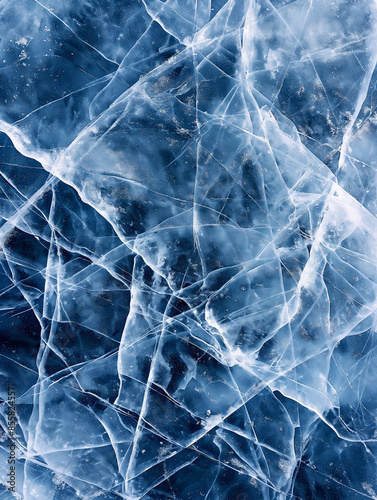 Closeup of an ice surface with intricate patterns and textures. Light blue background backdrop