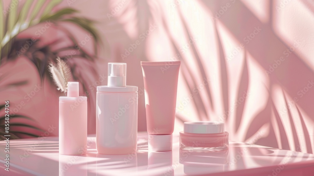 Elegant pink skincare products on a glossy surface with soft natural lighting, suitable for beauty and wellness promotions. Elegant pink skincare products on a glossy surface with soft natural lighting, suitable for beauty and wellness promotions.