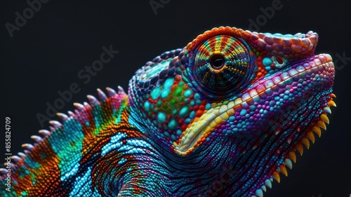 Vibrant Close-Up of a Colorful Chameleon with Detailed Skin Patterns on a Dark Background © TPS Studio