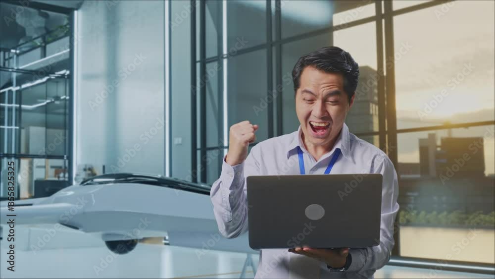 Asian Male Professional Worker Standing With His Laptop With Drone Project, High-tech Industrial Facility, He Raises His Fist Up With Screaming Goal Asian Male Professional Worker Standing With His Laptop With Drone Project, High-tech Industrial Facility, He Raises His Fist Up With Screaming Goal