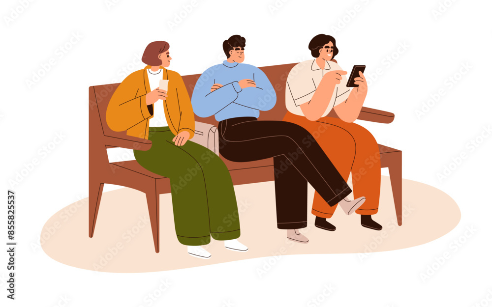People sitting on bench, waiting in queue. Diverse characters group expecting. Man sleeping, women with mobile phone and coupon, ticket. Flat vector illustration isolated on white background People sitting on bench, waiting in queue. Diverse characters group expecting. Man sleeping, women with mobile phone and coupon, ticket. Flat vector illustration isolated on white background