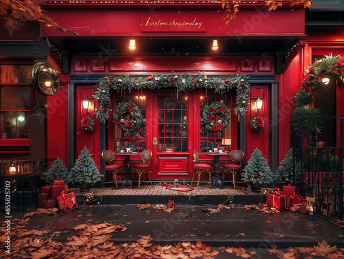 A charming red storefront decorated for Christmas with wreaths, garlands, and trees, creating a warm festive atmosphere on a winter evening