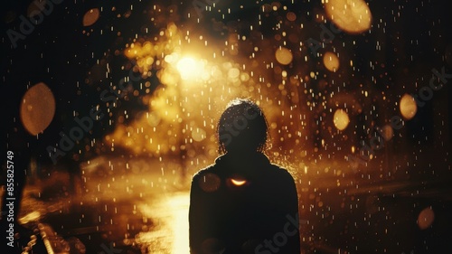 Silhouette of Person in Rain at Night with Golden Streetlights Creating a Dreamlike Atmosphere